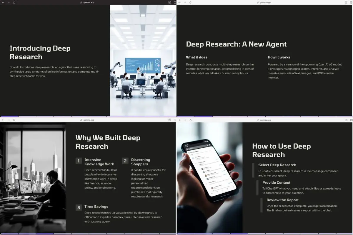 Gamma AI presentation slides generated from OpenAI blog URL example