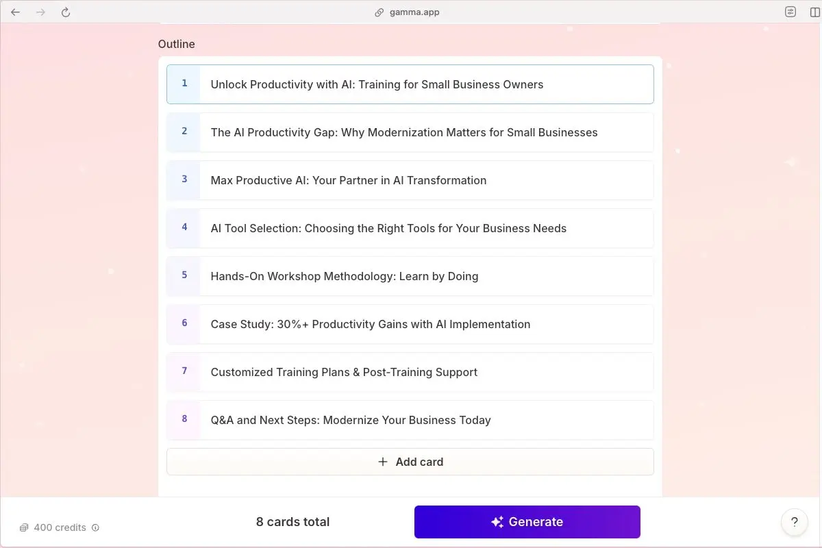 Gamma AI outline generation process screenshot presentation structure