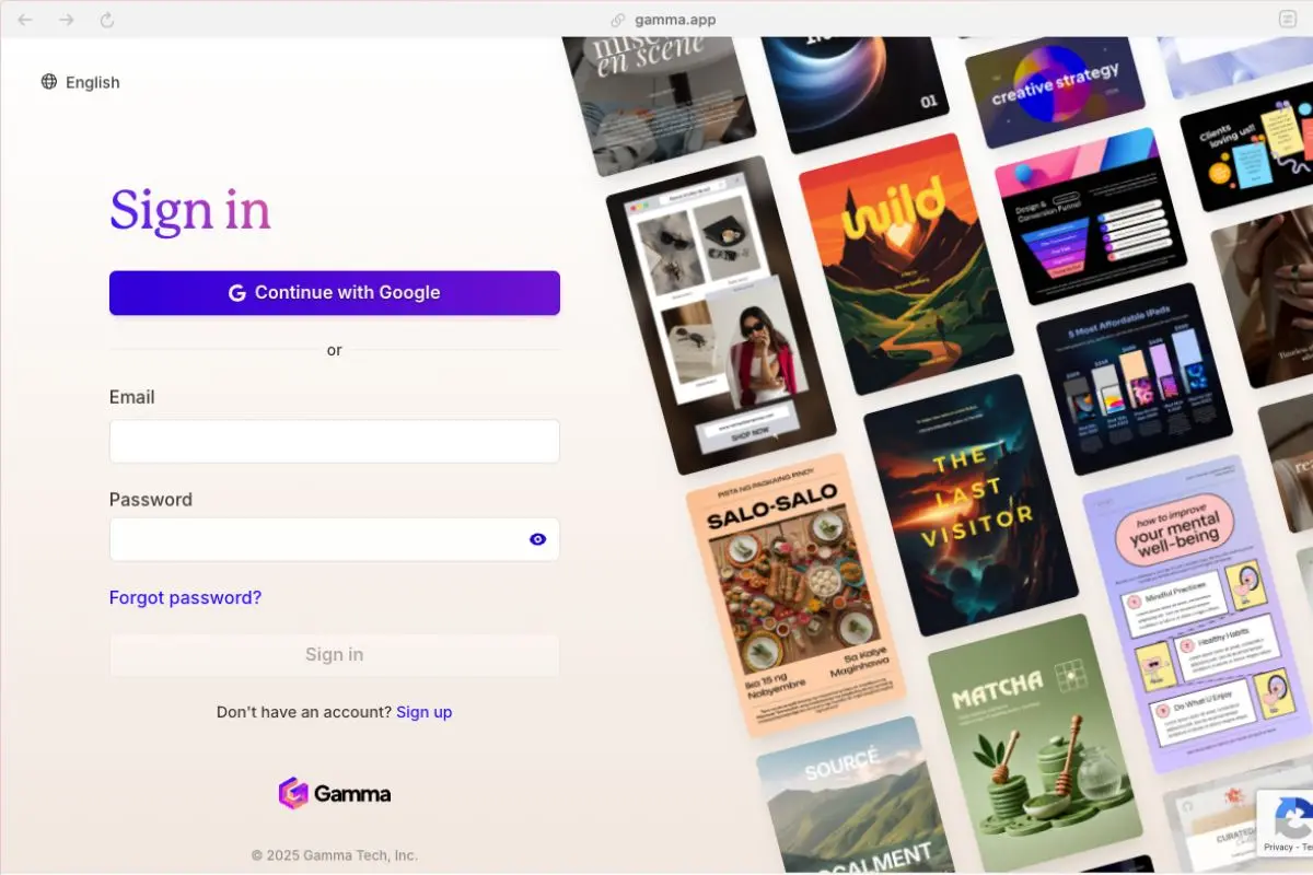 Gamma AI signup page registration process presentation tool