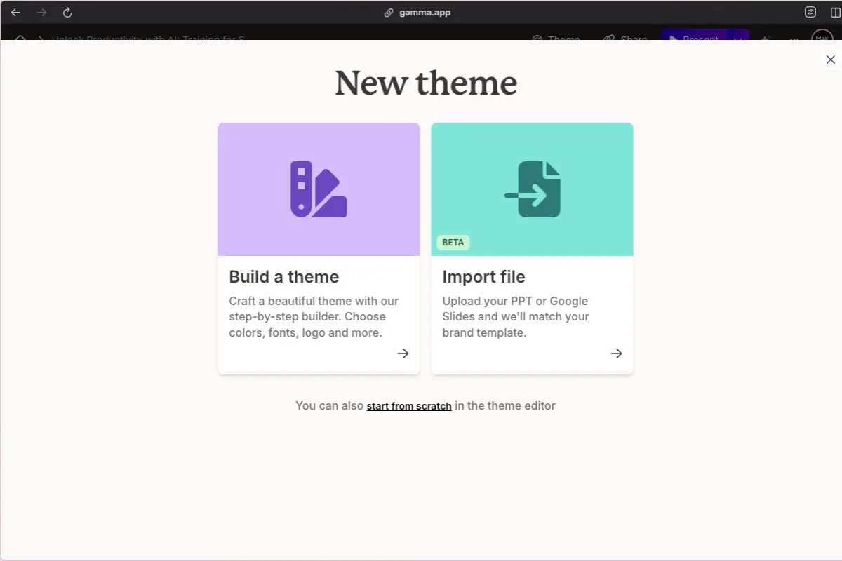 Gamma AI custom theme creation brand template import interface
