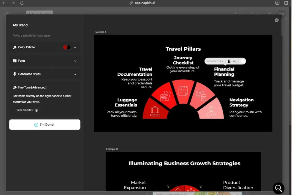 Napkin.ai Custom Styles interface showing color selection and Travel Pillars diagram example with brand styling
