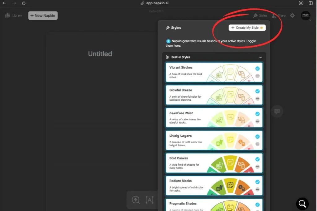 Napkin.ai Styles menu with highlighted 'Create My Style' button and built-in visual style templates