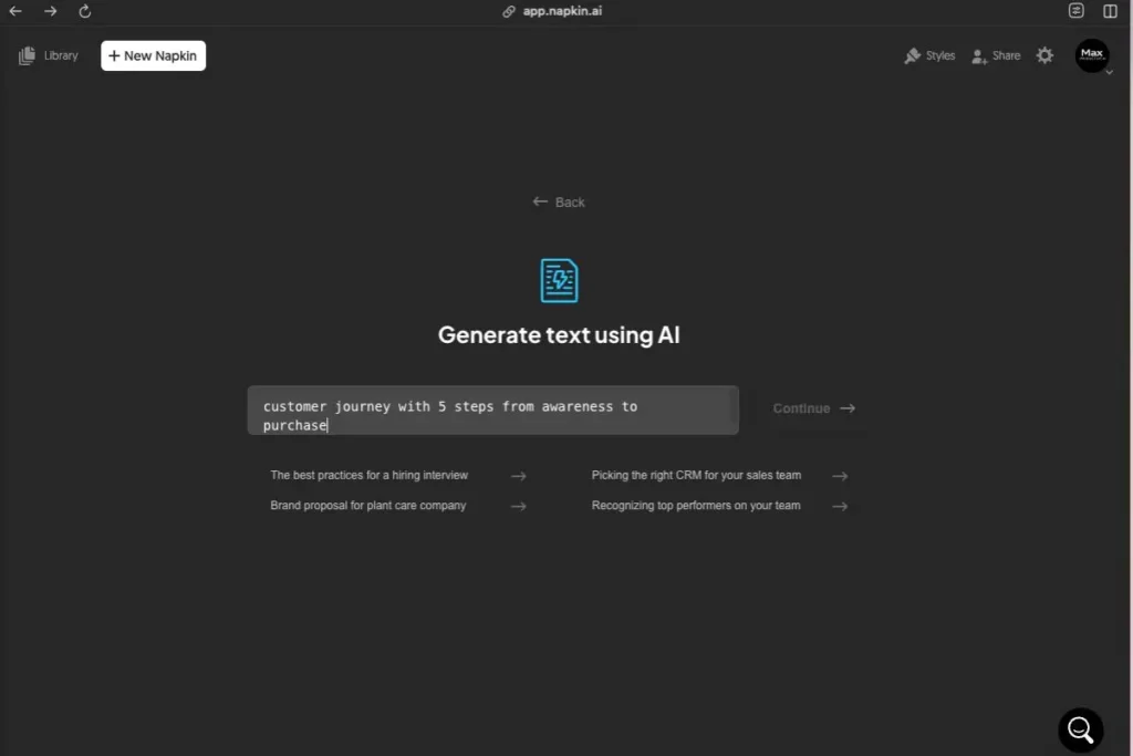 Napkin.ai text-to-visual interface with customer journey prompt and template suggestions