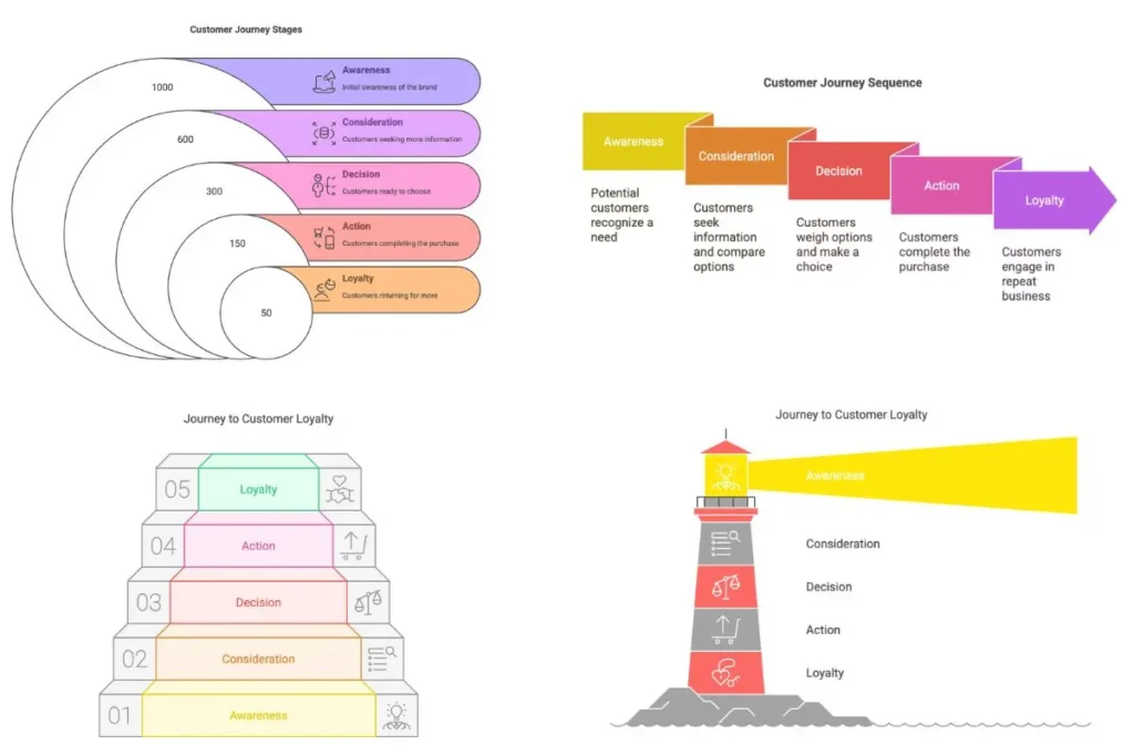 Customer journey visualizations in multiple formats created with Napkin.ai showing the 5-step purchase process