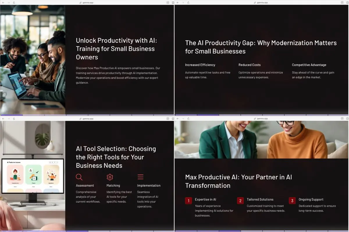 Gamma AI sales pitch presentation slides for training program example