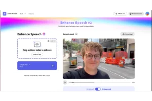 Adobe Enhance Speech AI audio enhancement interface showing before/after waveforms, noise reduction controls, file upload area, and studio-quality audio processing tools for speech clarity improvement