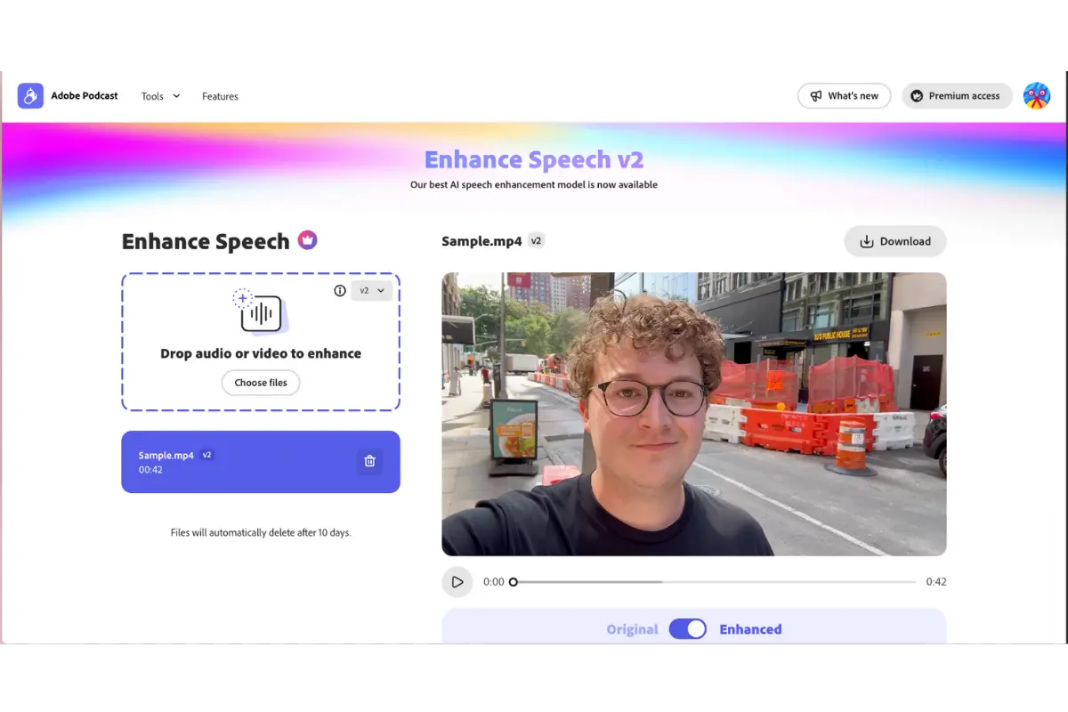 Adobe Enhance Speech AI audio enhancement interface showing before/after waveforms