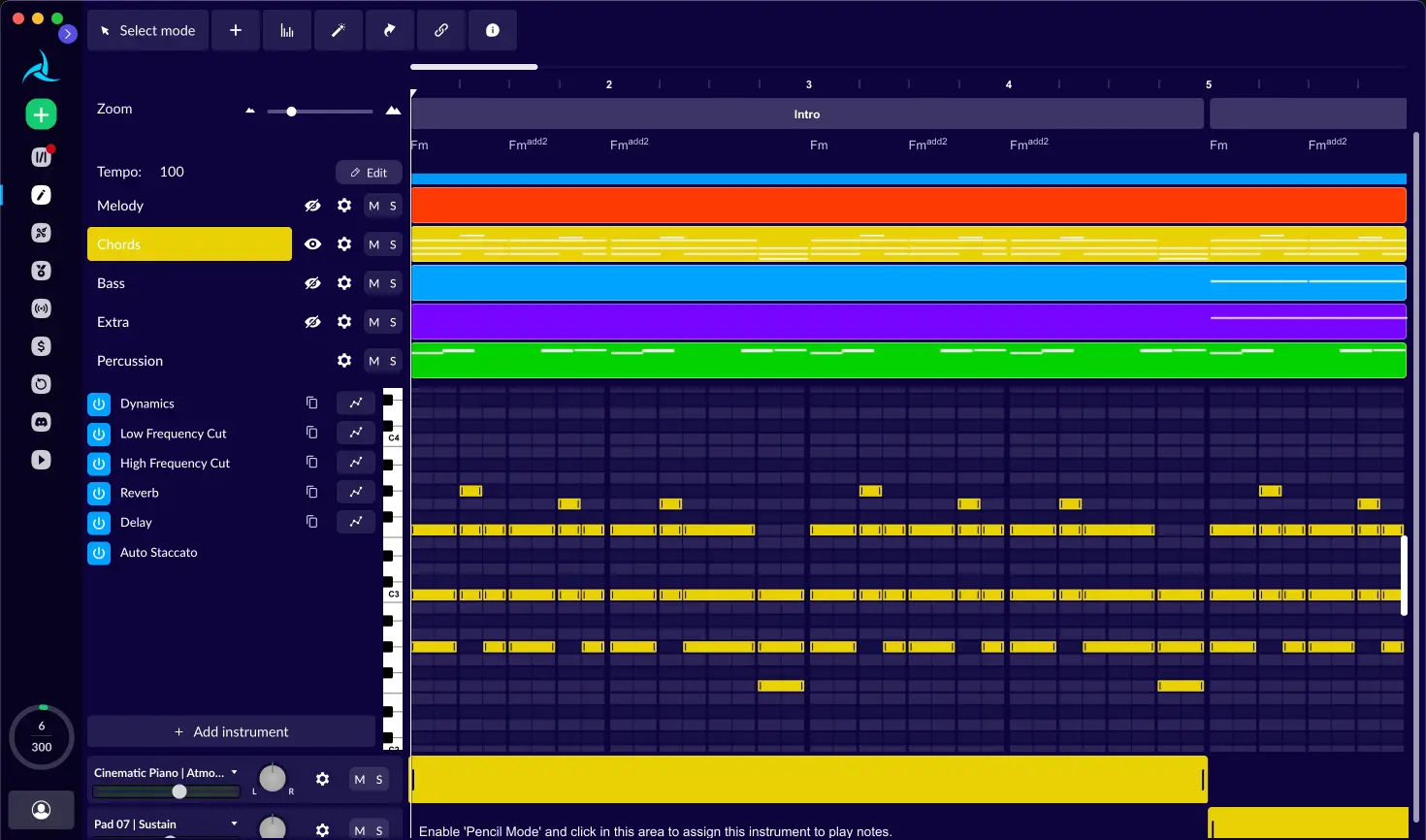 AIVA AI music composition platform interface showing advanced composition workspace