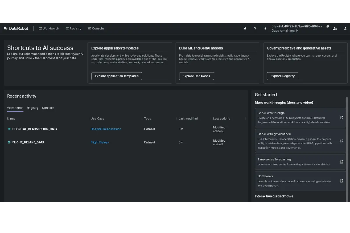 DataRobot enterprise AI platform interface displaying automated machine learning workflows, model governance dashboard, and MLOps monitoring