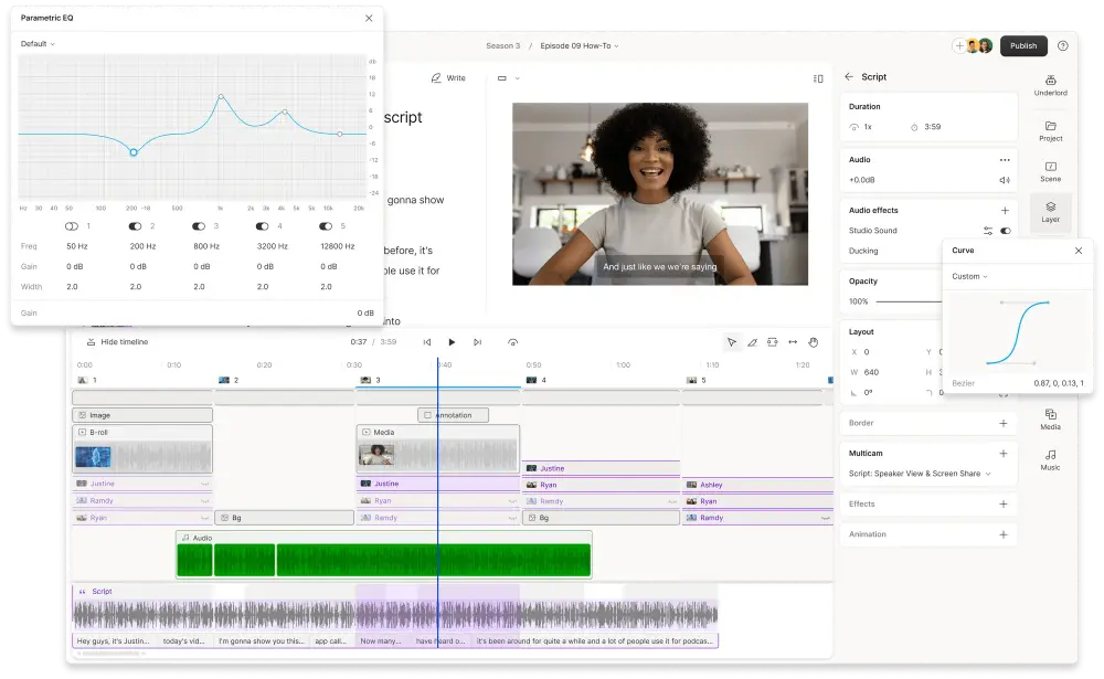 Descript AI video and podcast editing platform interface showing text-based editing workflow