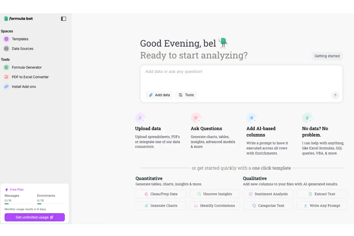 Formula Bot AI spreadsheet automation platform interface displaying natural language formula generation and data analysis tools