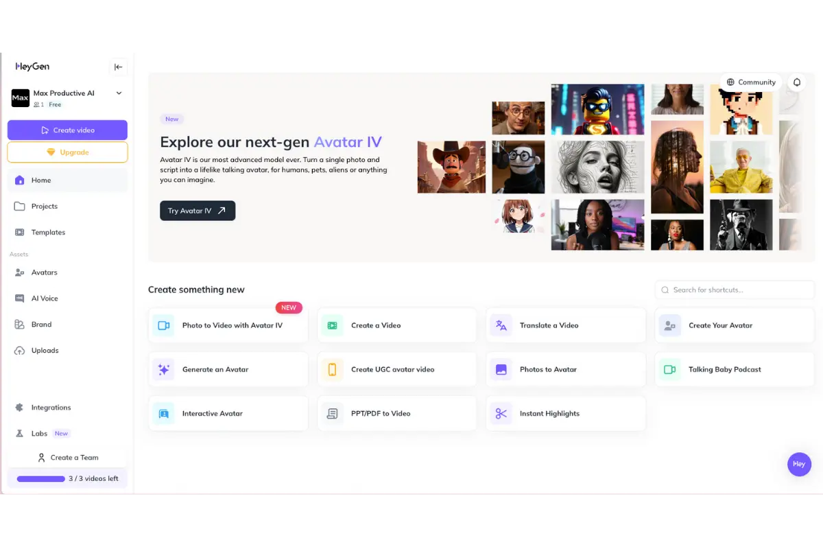 HeyGen AI video platform showing avatar creation interface, voice cloning, video translation features, and professional video templates for content creators