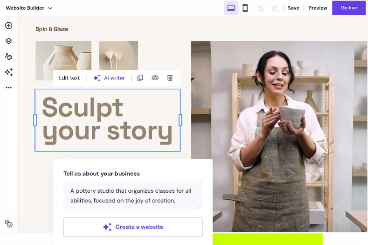 Hostinger AI Website Builder interface showing AI prompt and generated website preview