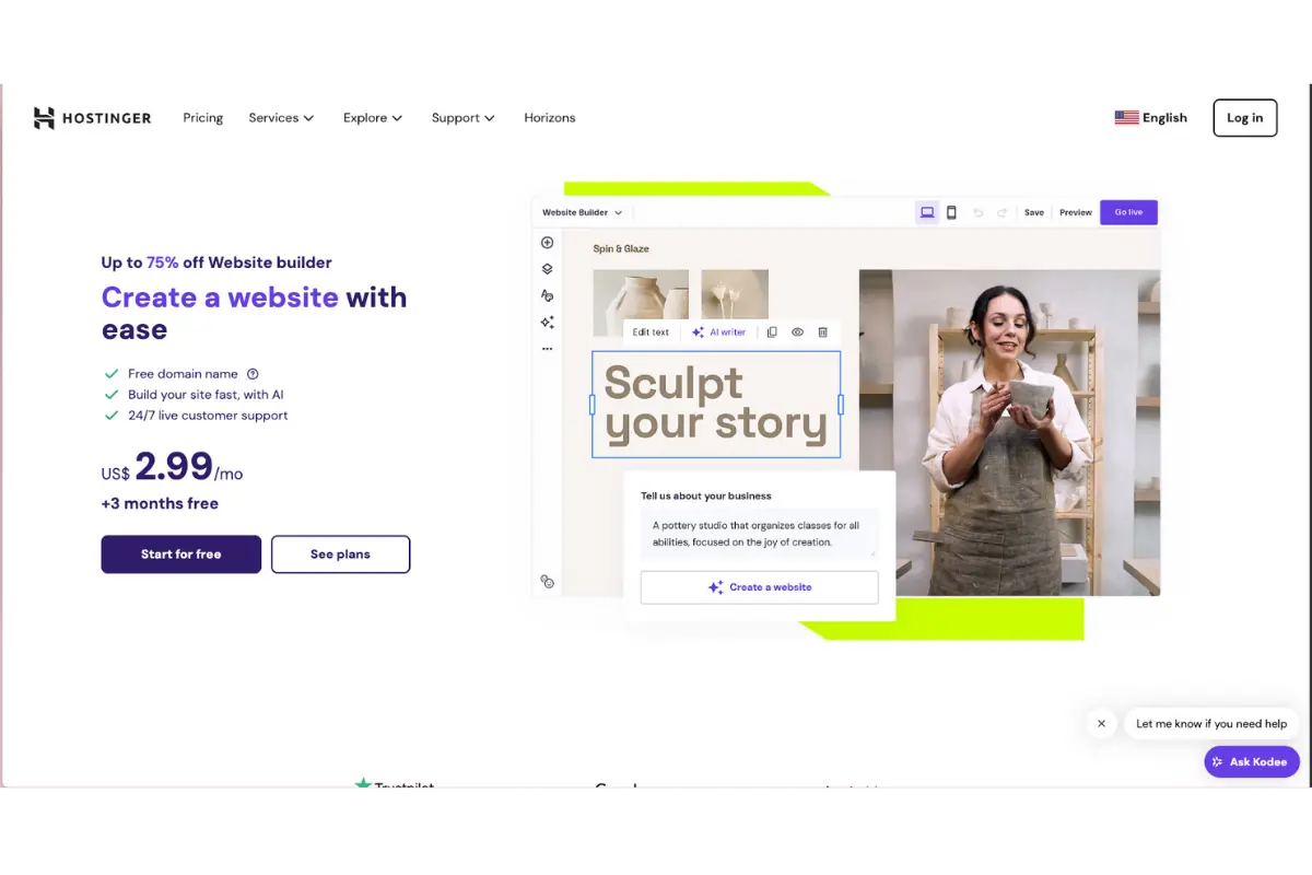 Hostinger AI Website Builder interface showing drag-and-drop editor and AI generation