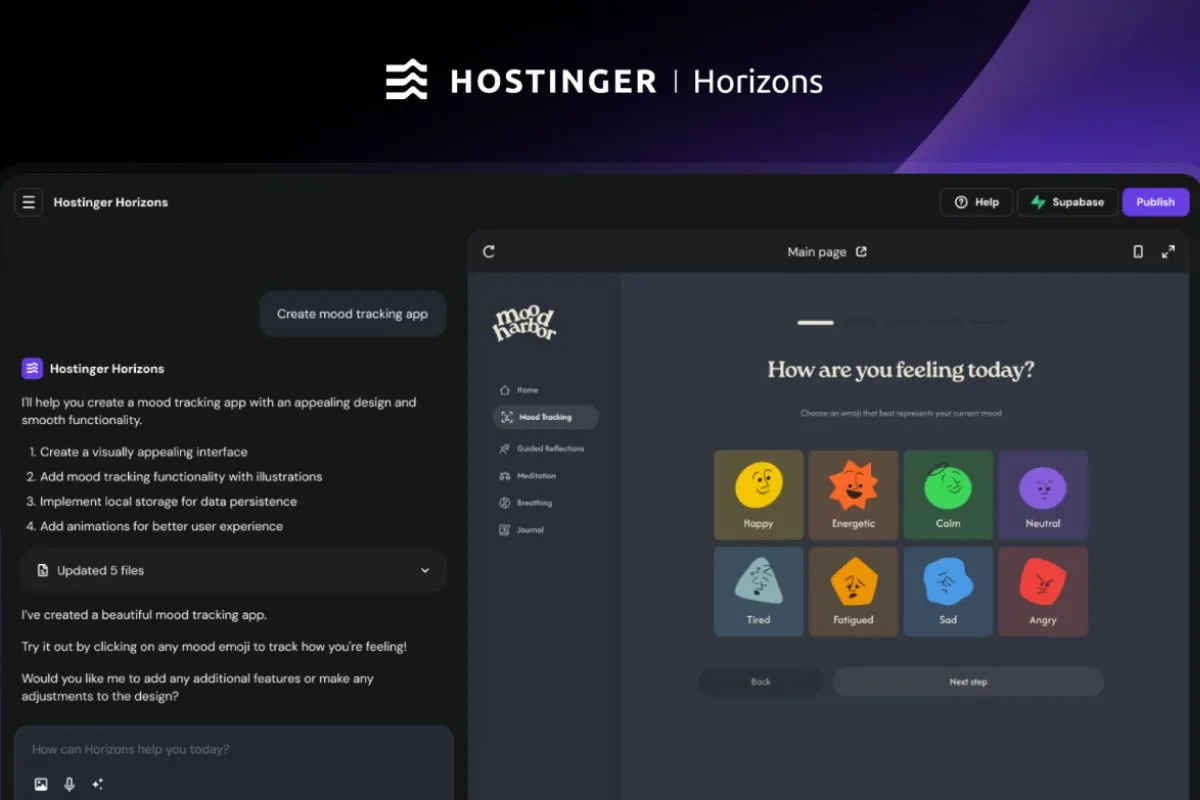 Hostinger Horizons interface showing AI web app building capabilities