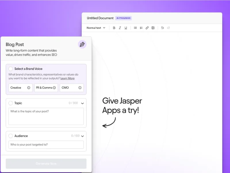 Jasper AI enterprise content creation platform interface showing AI writing templates, brand voice training, team collaboration features