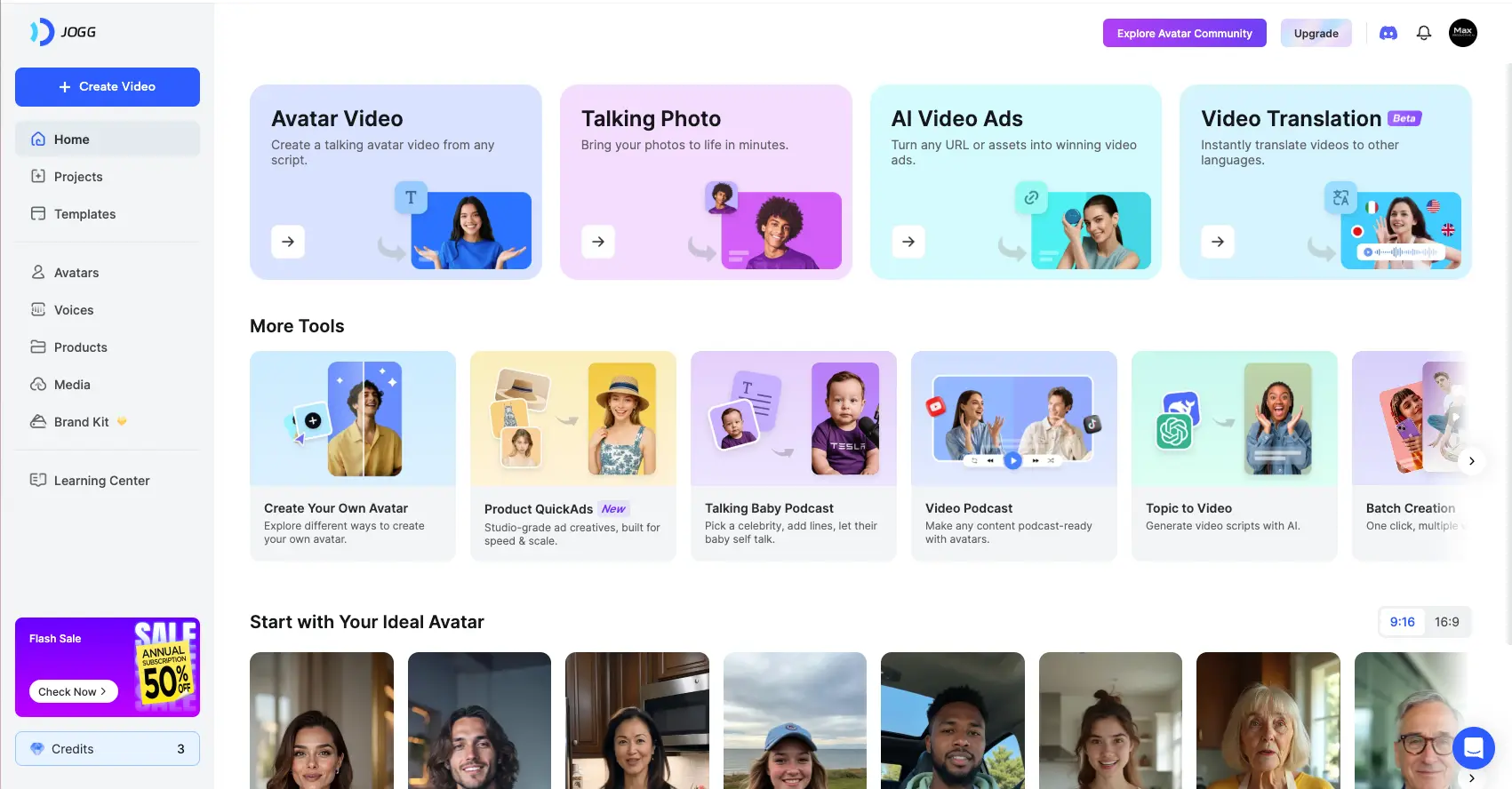 JoggAI dashboard showing AI avatar creation and video editing interface