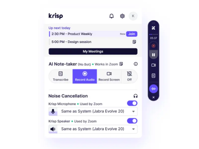 Krisp AI noise cancellation software interface showing real-time audio processing dashboard
