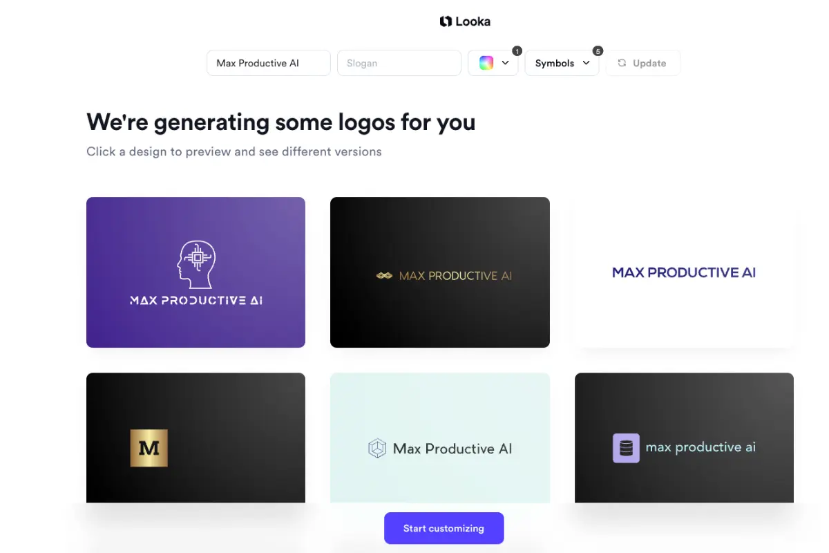 Looka AI-powered brand identity platform interface showing intelligent logo generation process