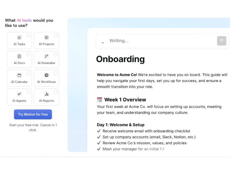 Motion AI intelligent calendar interface showing AI-powered automatic scheduling and task prioritization