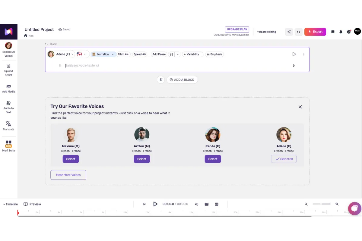 Murf AI professional voice generation interface showing Speech Gen 2 technology