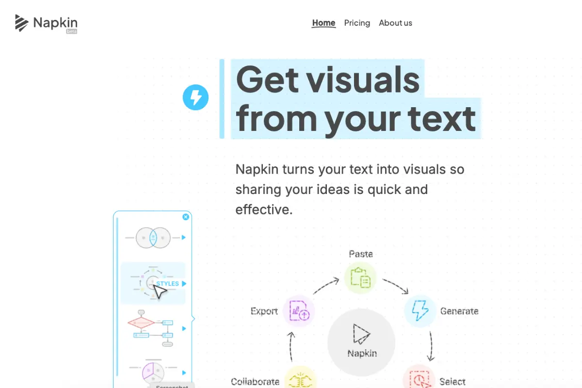 Napkin AI text-to-visual interface showing automatic diagram generation