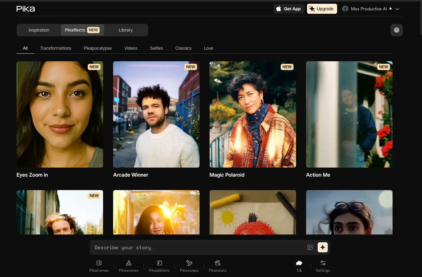 Pika AI interface showing video generation and editing features
