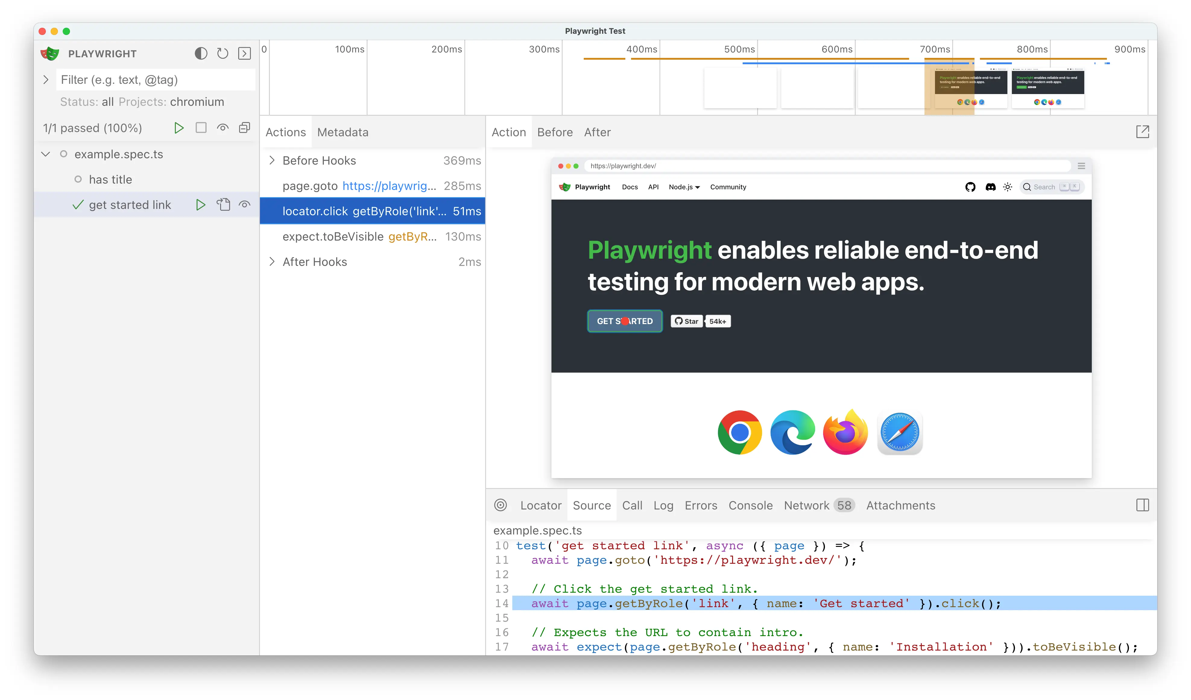 Playwright browser automation framework showing cross-browser testing interface