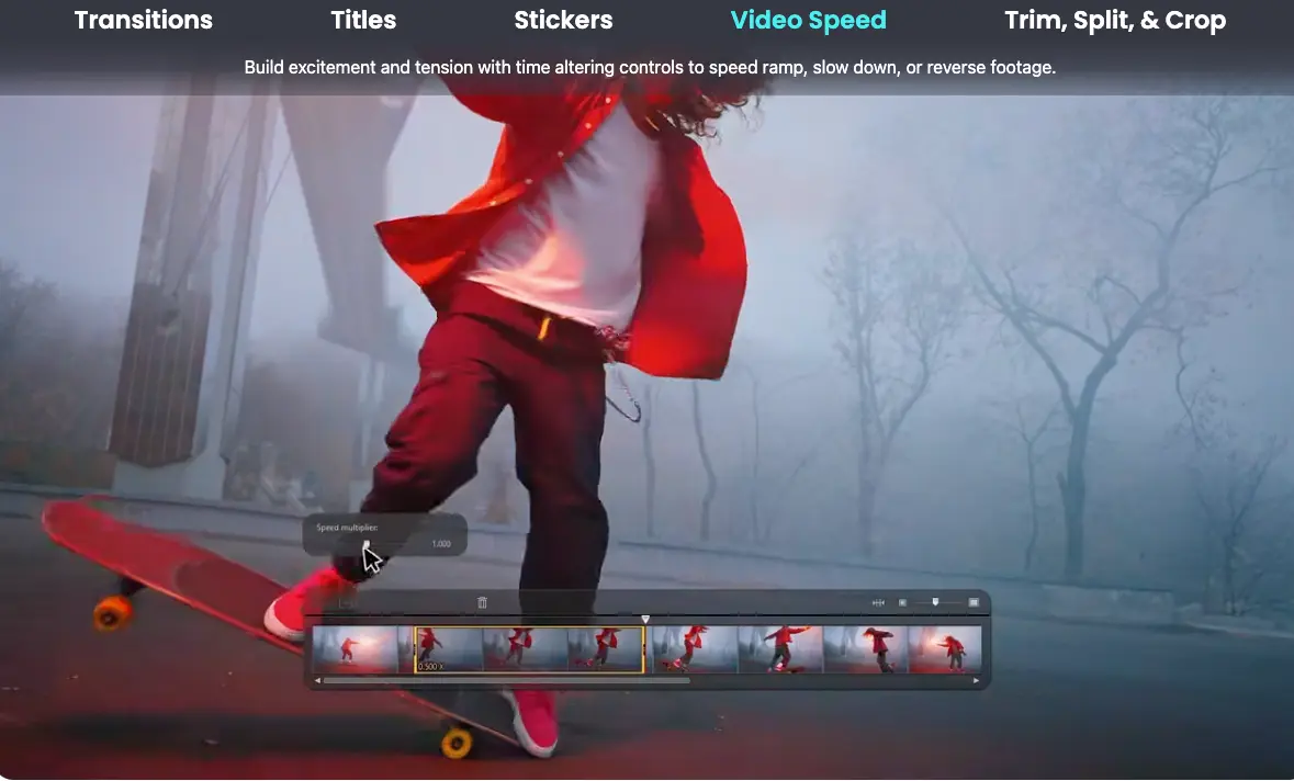 PowerDirector interface showing AI-powered video editing tools and timeline