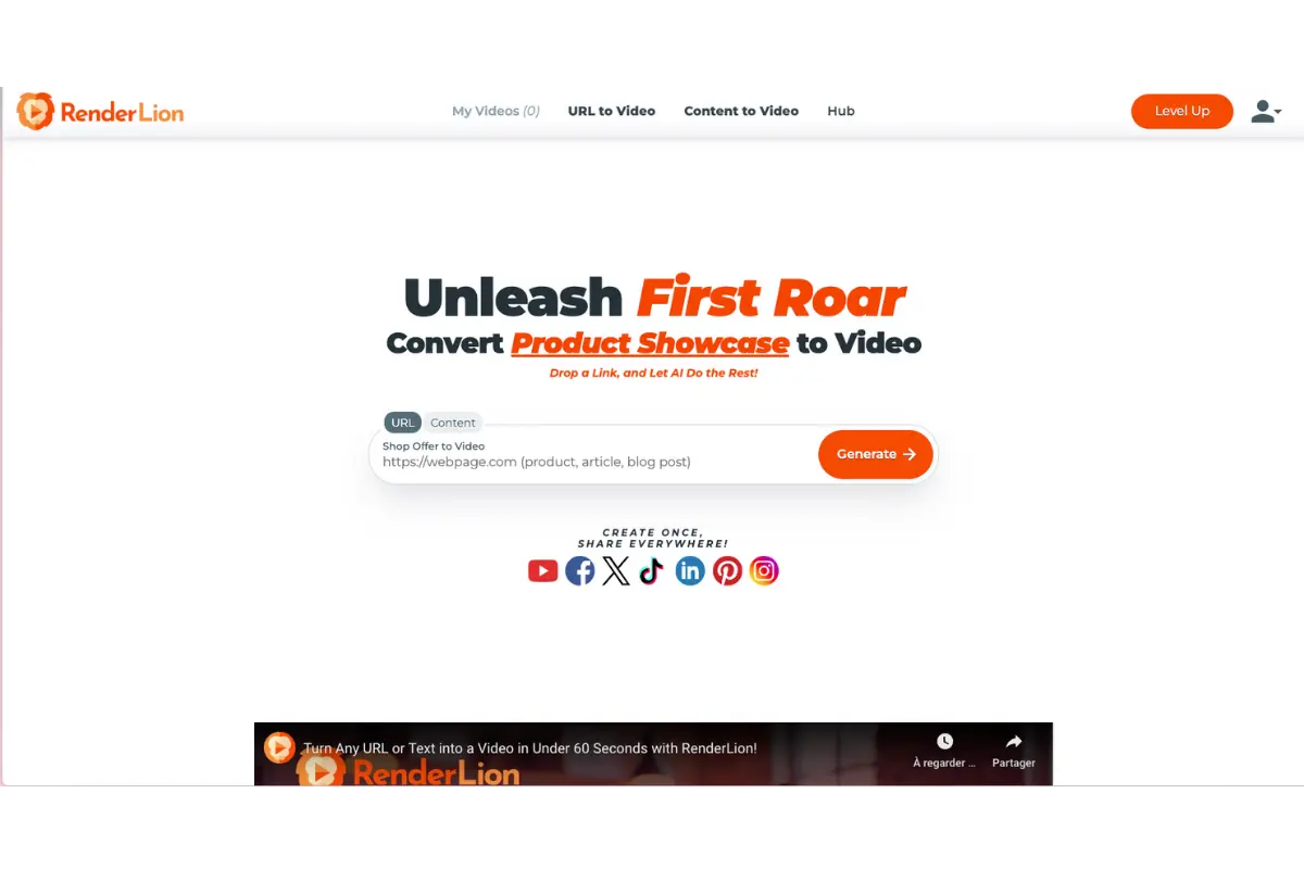 RenderLion AI video generator interface showing text-to-video conversion and AI-powered video creation dashboard