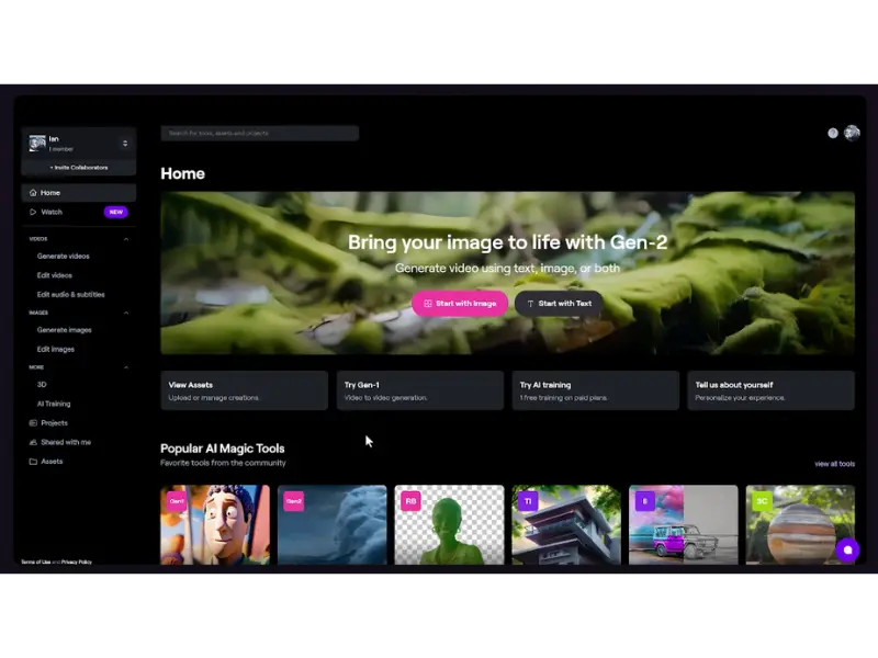 RunwayML AI creative platform interface showing advanced text-to-video generation