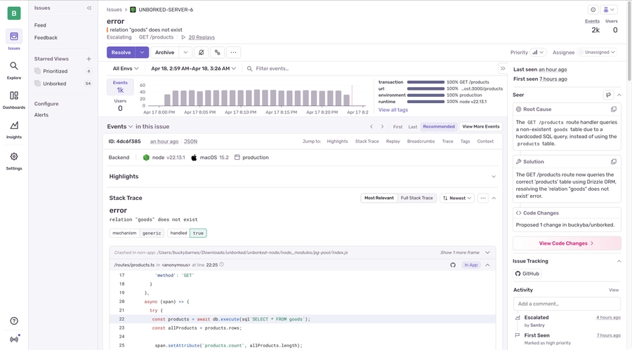 Sentry error tracking dashboard showing real-time monitoring interface