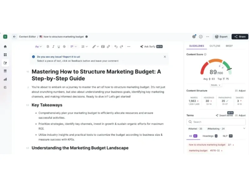 Surfer SEO content optimization platform interface showing real-time SEO scoring and SERP analysis