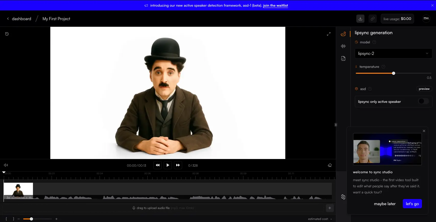 Sync dashboard showing AI lip sync interface with multilingual video translation