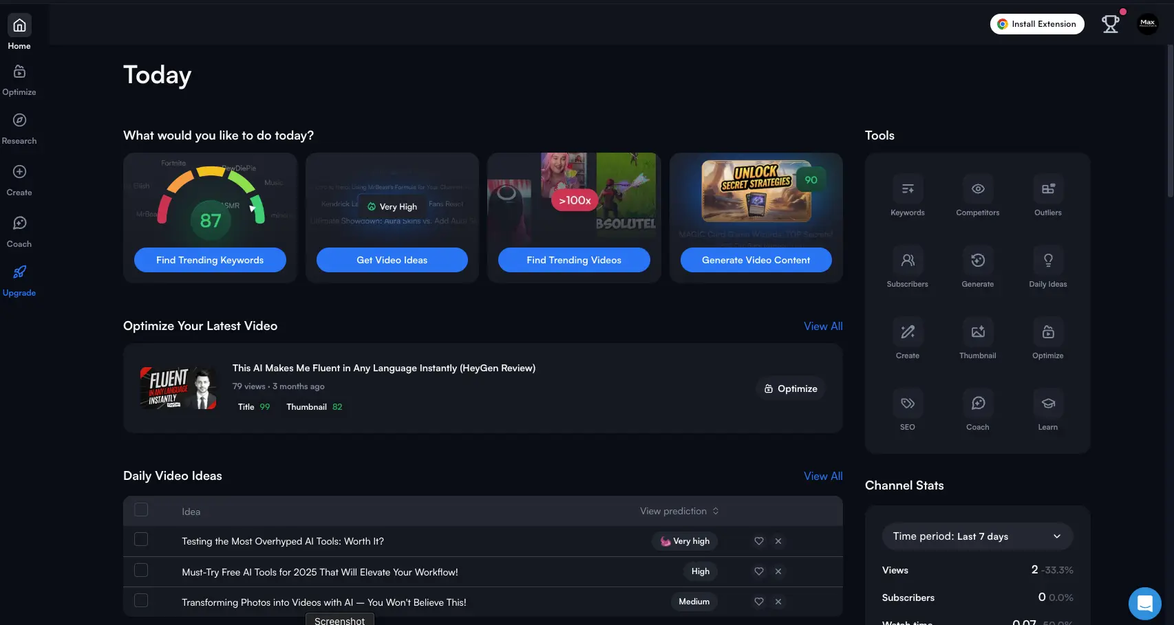 vidIQ dashboard showing YouTube analytics and keyword research interface