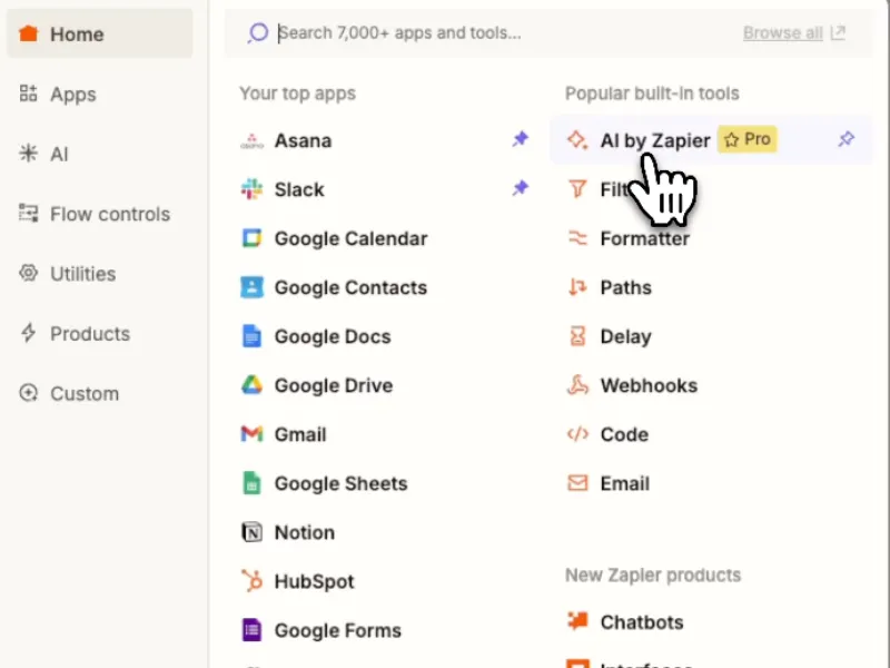 Zapier workflow automation platform interface showing Zap builder dashboard