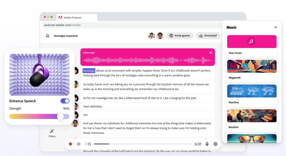 Adobe Podcast interface showing Studio recording and Enhance Speech features