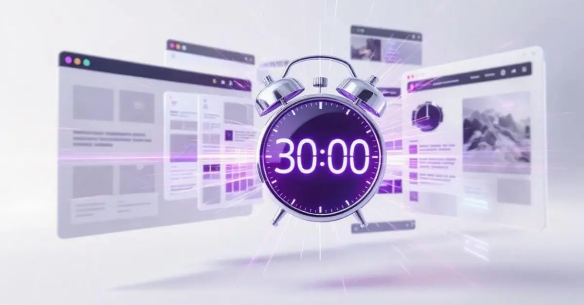 Collection of AI website builders visualization showing multiple browser frames in various construction stages with a 30-minute timer, representing rapid website creation and launch capabilities