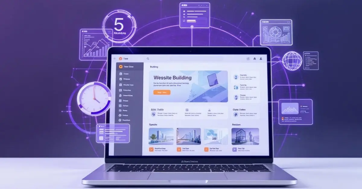 Laptop displaying AI-powered website builder interface with drag-and-drop tools and 5-minute timer, showcasing free website creation tools