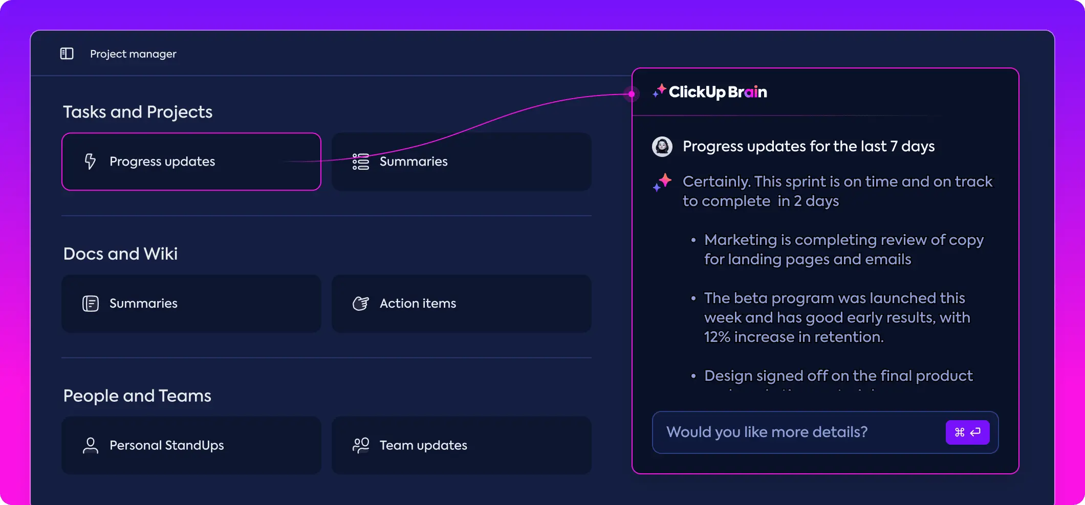 ClickUp AI project manager interface showing time blocking and workload management