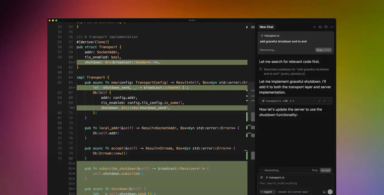 Cursor AI review interface showing intelligent code completion and multi-file editing