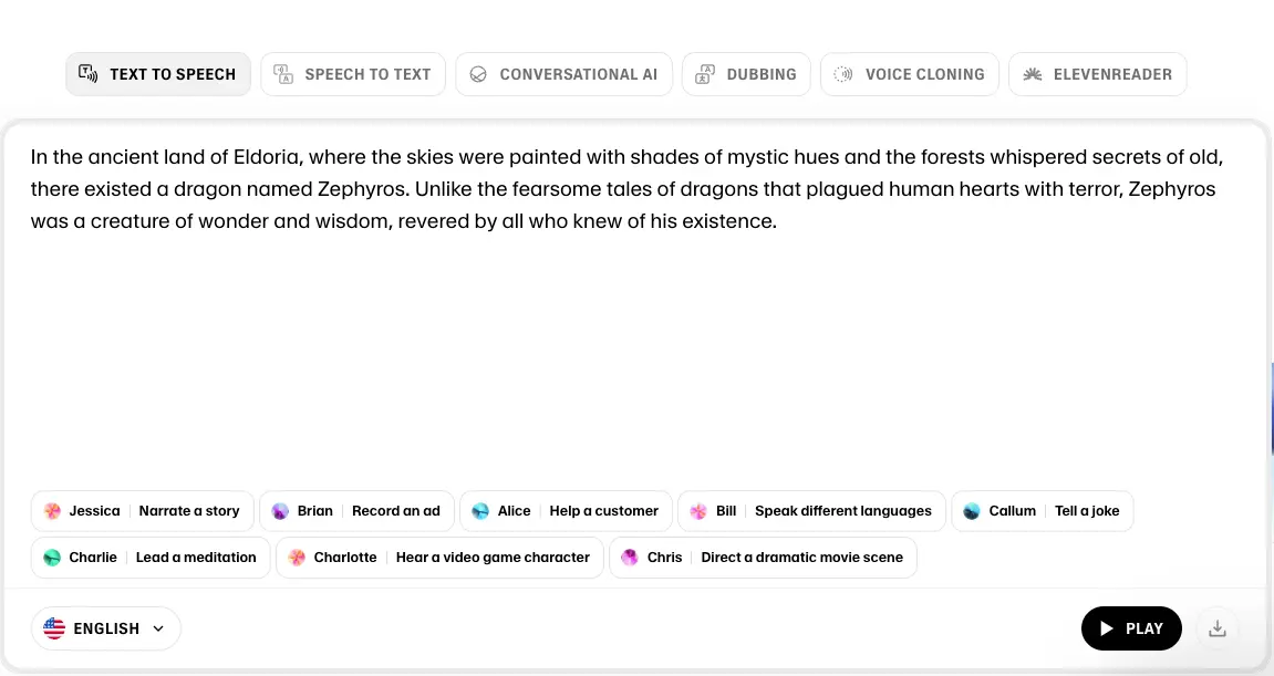 ElevenLabs text-to-speech interface showing voice selection and audio generation controls