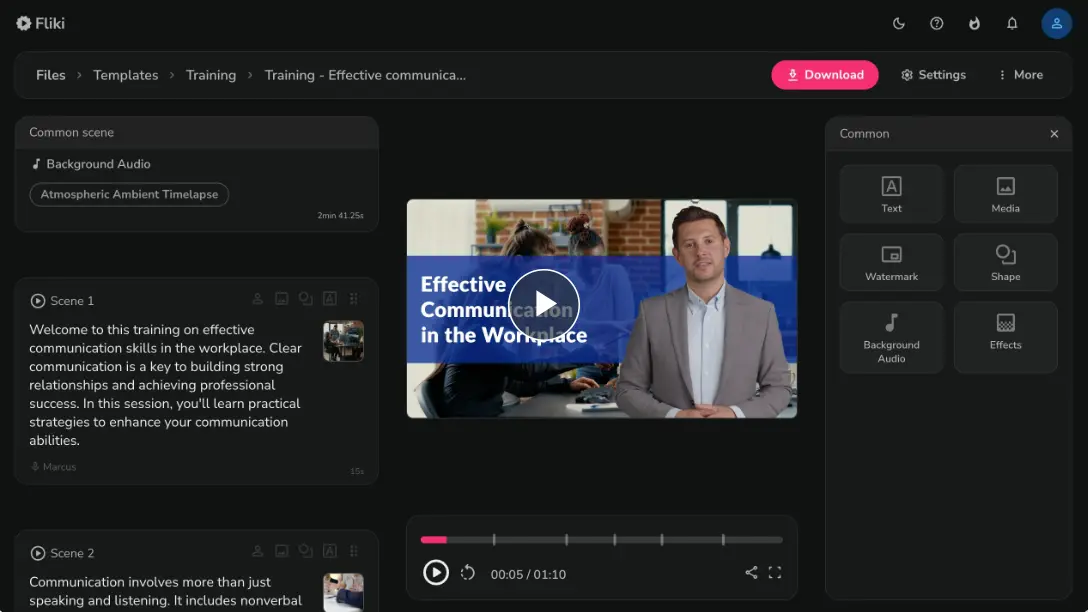 Fliki dashboard showing AI video creation interface with text-to-speech options