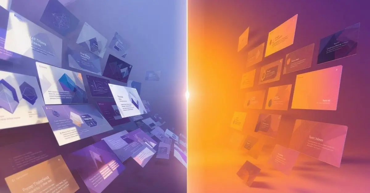 Visual comparison of AI presentation tools showing abstract representations of Gamma and Plus AI features, with cascading slides on the left and organized grid layouts on the right, separated by a purple gradient divider