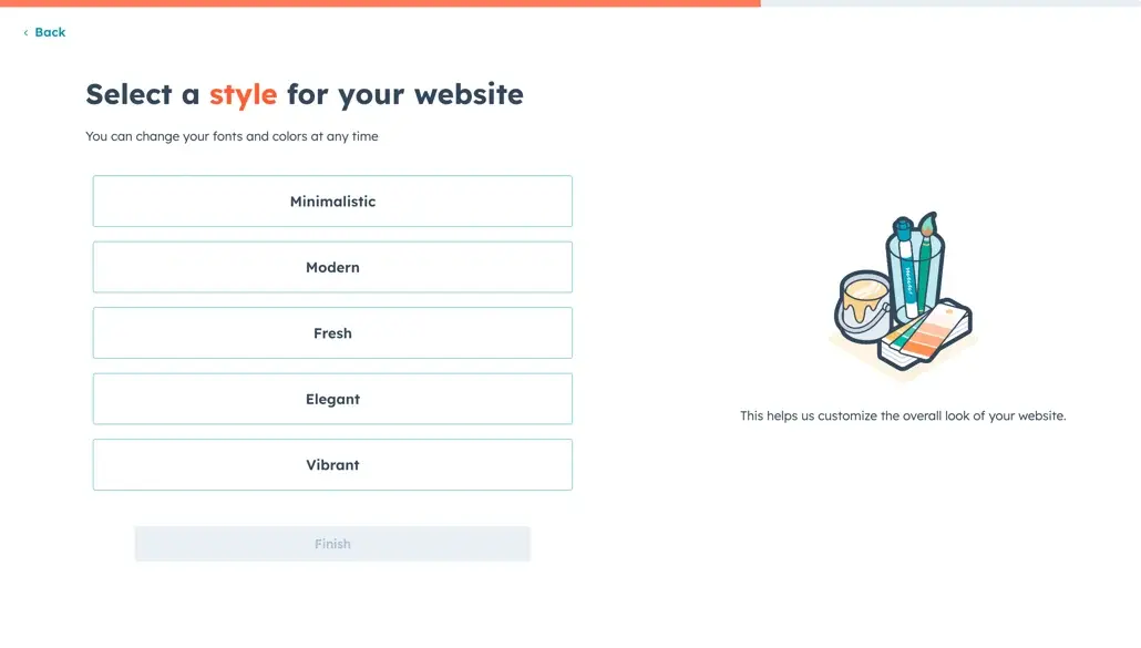 HubSpot AI Website Generator interface showing the conversational AI prompts and site preview
