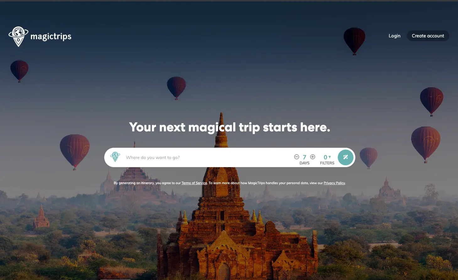 MagicTrips dashboard showing AI-generated travel itinerary interface