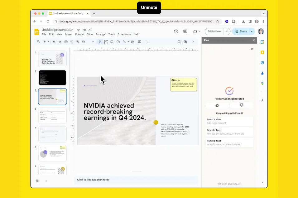 Plus AI interface showing AI-powered presentation creation in Google Slides