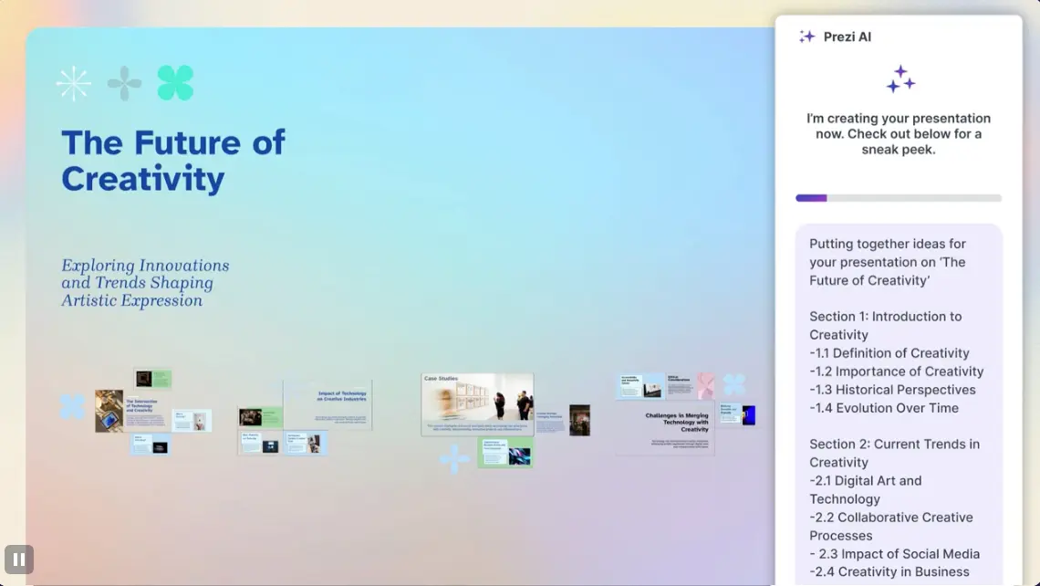 Prezi interface showing dynamic presentation canvas with zooming capabilities