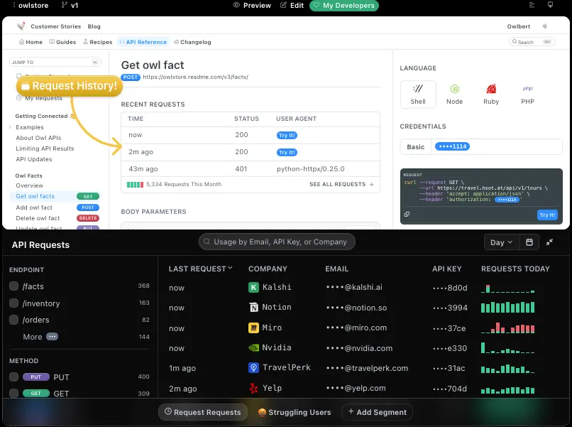 ReadMe review screenshot showing interactive API documentation dashboard interface