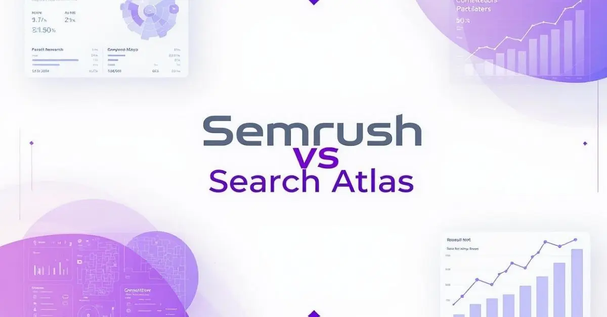 Semrush vs Search Atlas SEO tools comparison with platform names displayed vertically and SEO feature visualizations including keyword research, rankings, and site analysis elements